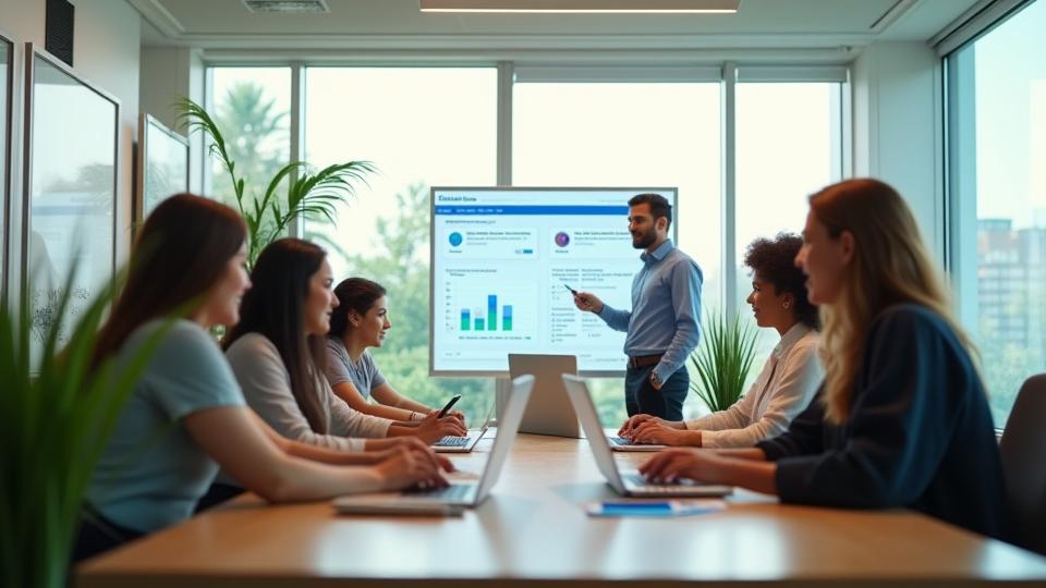 Equipo de Bosque Vivo colaborando con herramientas modernas y plantas de fondo, simbolizando crecimiento y tecnología.